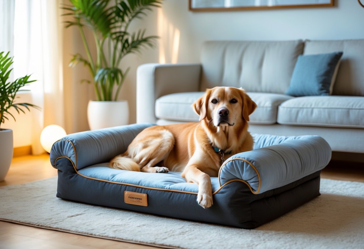 A calm dog resting comfortably on a plush orthopedic dog bed in a bright living room.