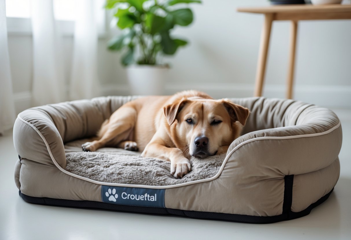 A relaxed dog lying on a plush orthopedic dog bed with raised edges in a bright indoor room.