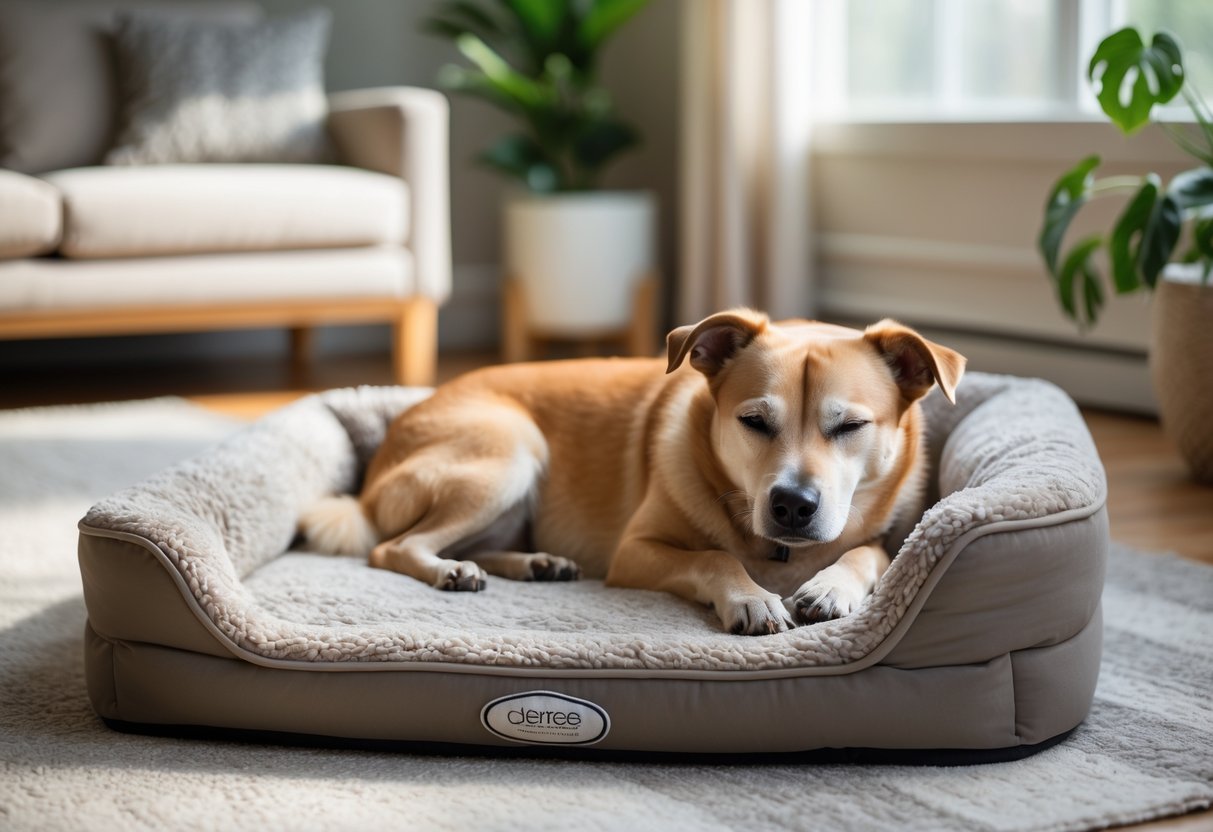 A medium-sized dog resting peacefully on a supportive orthopedic dog bed in a cozy living room.